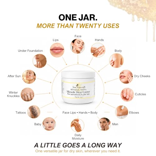 Bee Naturals Miracle Skin Creme 4 oz All-Natural Hydrating Body & Face Moisturizer - Pure Nourishment with Olive Oil, Beeswax & Coconut Oil