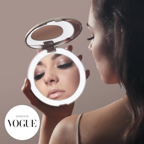Fancii LED Lighted Travel Makeup Mirror, 1x/10x Magnification - Daylight LED, Compact, Portable, Large 5" Wide Illuminated Folding Mirror (Lumi) (White)