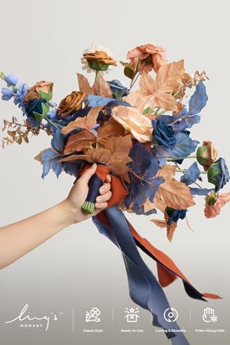 Orange & Navy Blue Bridal Bouquet - Small Freeform Wedding Flowers with Pearls & Crystals