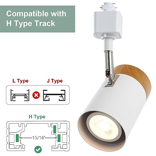 TeHenoo 6-Pack H-Type Track Lighting Heads - Compatible with 3-Wire 1-Circuit Systems, Natural Solid Wood Finish, Adjustable Luminaire