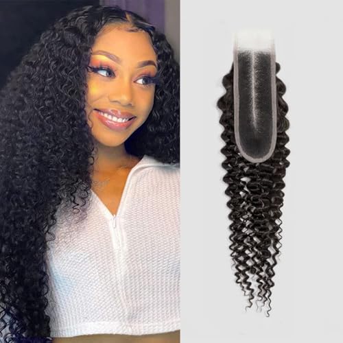 KAFEIER 2x6 Curly Closure Hair 18 Inch Natural Black Brazilian Virgin Remy, Pre-Plucked Hairline