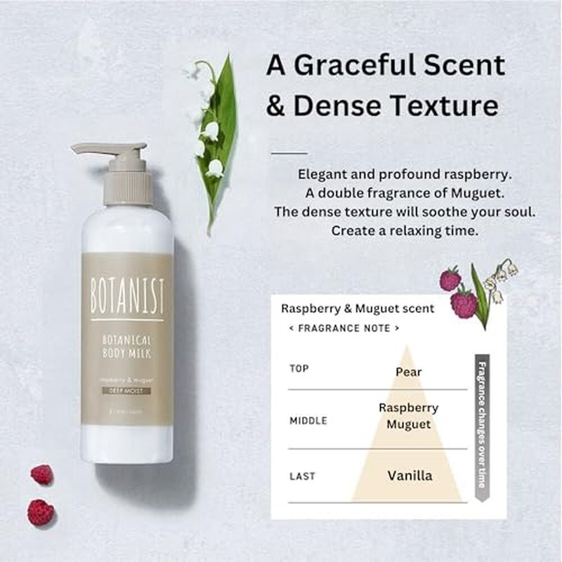 Botanist Natural Body Lotion for Women, Full Body Moisturizer by Argan Oil & Cocoa Butter, Shea Butter Body Lotion & Sensitive Skin Moisturizer from Japan, DEEP MOIST, Raspberry & Muguet, 8.1 Fl Oz