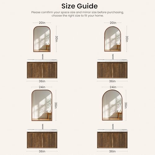 24x36 Arch Wall Mirror with Wood Grain Finish - Walnut Frame, Tempered Glass