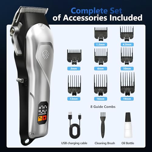 Professional Hair Clippers for Men, Cordless Rechargeable Hair Clipper with LCD Display, Household Trimmer Set for Haircut & Grooming(Silver-White)