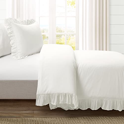 Twin XL Duvet Cover Set with Ruffled Border - White Cotton Bedding for Dorm & Teen Rooms