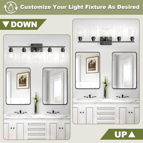 Black 5-Light Bathroom Vanity Light Fixture with Clear Glass Shades - Up & Down Mounting