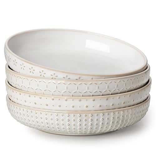 White Ceramic Pasta Bowls Set of 4 48 Oz Large Salad Plates Modern Relief Design