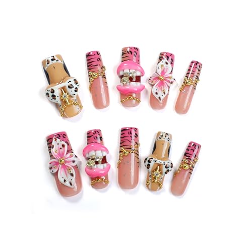 Press On Nails Y2K Pink Leopard Charm Design - Handmade, Variation 0040 / S