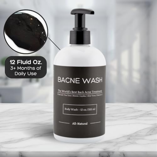 Bacne Wash: All Natural Back Acne Cleanser with Charcoal, Jojoba Oil, Tea Tree Oil, Neem Oil, Aloe Vera, Colloidal Oatmeal, and Vitamin E - Body Acne Wash for All Skin Types