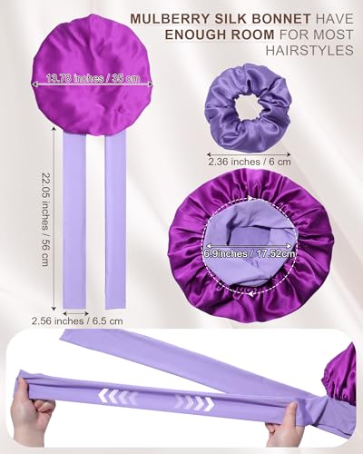 2 Pack Reversible Mulberry Silk Sleep Bonnet for Women - Dark Purple + Light Purple