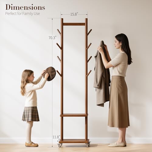 Yoobure Walnut Freestanding Coat Rack with 8 Hooks & Shelves - Portable Wooden Clothing Stand, 15.8"