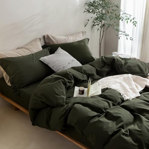 Oversized King Duvet Cover Set - Olive Green 120x98 Inches - Breathable Cotton