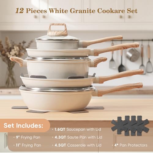 SODAY White Granite Non-Stick 12-Piece Cookware Set for Induction Stovetop