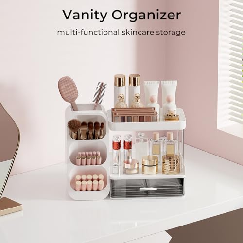 UFORU White Makeup Organizer with Brush Holder, Large Vanity Storage