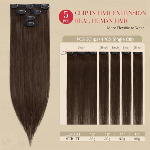 Rich Choices Dark Brown 12 Inch Clip-In Hair Extensions Real Human Hair 5 Pcs