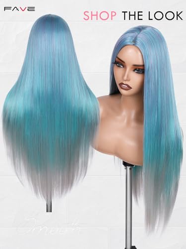 Rainbow Blue Teal Straight Wig for Women - Long Multi-Tonal Cosplay Hair
