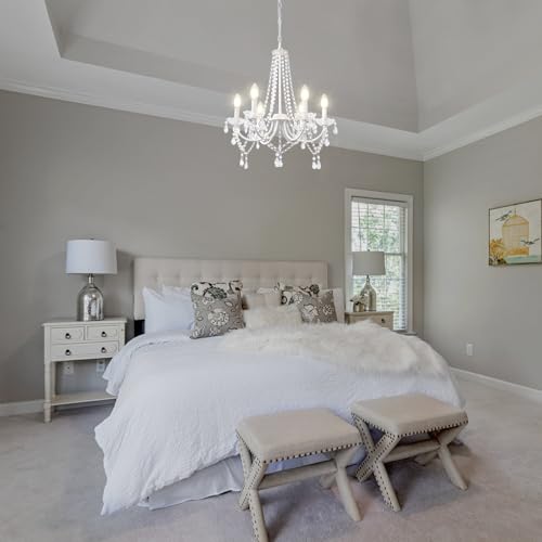 LynPon White Crystal Chandelier with 6 Lights - Adjustable 59" Chain, E12 Bulbs Included for Bedroom, Dining Room, Living Room