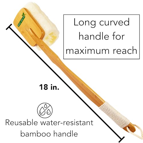Natural Loofah Shower Scrubber w/Removable Bamboo Handle, Gentle Exfoliation, Long-Ergonomic Handle w/Hemp Rope Grip, Extra Loofah Included for Close Washing, Plastic-Free, Eco-Friendly