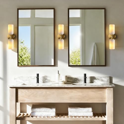 Gold Wall Sconce with Marble Shade - 15in Modern Bathroom Vanity Light