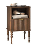 Walnut Small Wooden Nightstand with Drawer - Modern Fluted Design, Compact Bedroom Storage