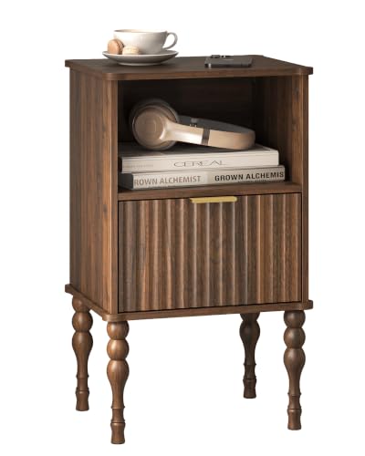 Walnut Small Wooden Nightstand with Drawer - Modern Fluted Design, Compact Bedroom Storage