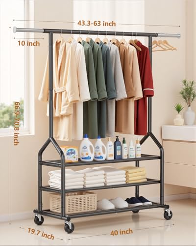 Heavy Duty Rolling Clothes Rack with 3 Shelves - Black - Expandable & Adjustable