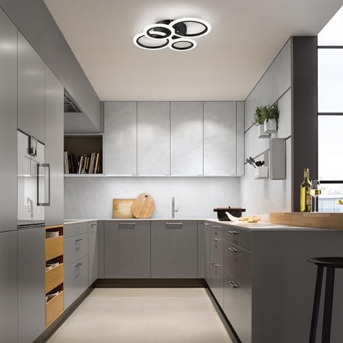 4-Light LED Flush Mount Ceiling Light - Black Modern Geometric Rings - Not Dimmable