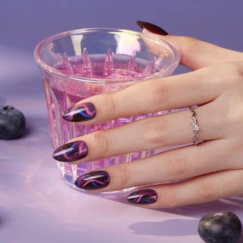 Short Almond Cat Eye Dark Purple Shimmer Nails Kit with Variation 04-Interstellar