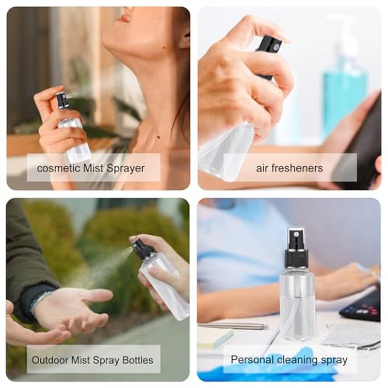 120 Pcs 2 oz Plastic Spray Bottles with Black Cap for Mini Spray Bottles, Clear Empty Fine Mist Liquid Container Refillable Sprayer for Essential Oils, Perfumes, Travel, Makeup
