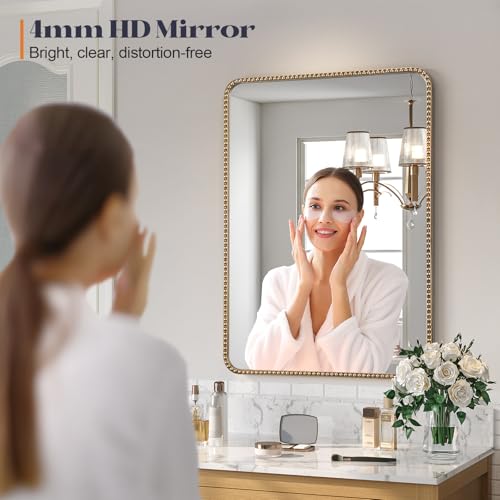 Gold 24x30 Beaded Frame Bathroom Mirror - Vintage Brass Vanity with Tempered Glass - Variation: 30L x 24W