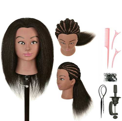 Human Hair Mannequin Head with Stand for Hairdressing Practice - Black Variation