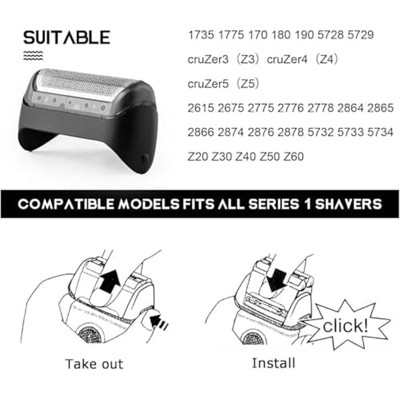 10B Series 1 Replacement Foil & Cutter Compatible with Braun Series 1 Replacement Head for Braun Series 1000/2000 Electric Razors for Shaver 180 190 1735 1775 5728 5729 170S