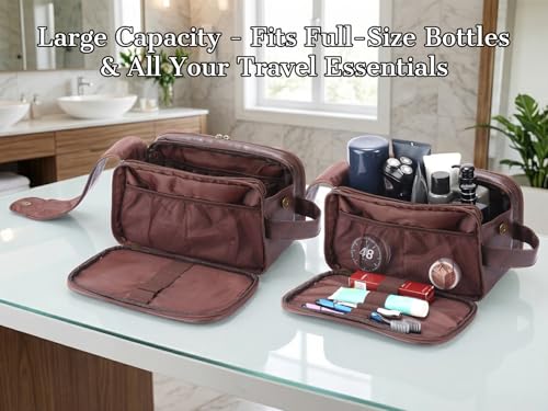 Personalized Men's Toiletry Bag - Custom PU Leather Waterproof Travel Kit with Initial - Tea Brown, Small (S)
