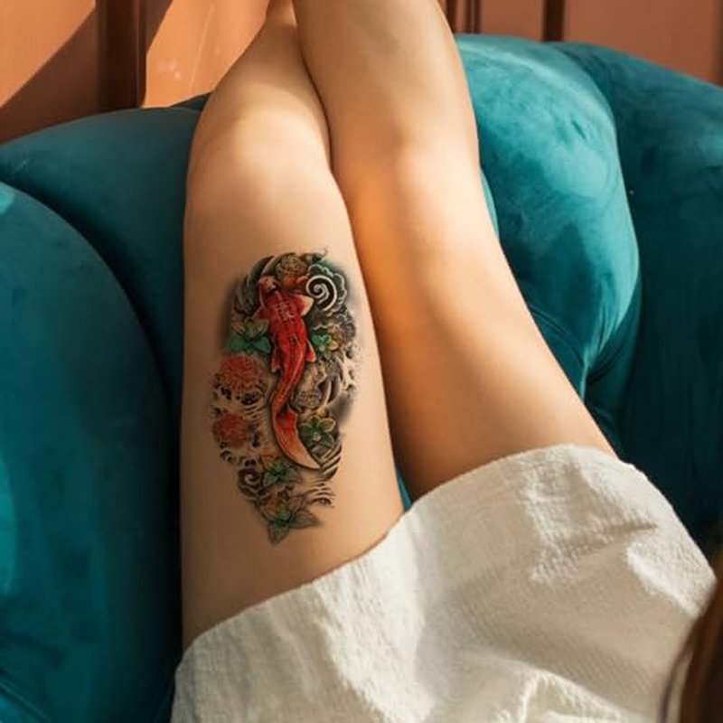 2 Sheets Arm Thigh Waterproof Temporary Tattoo Stickers Wave Flower Lotus Koi Carp Fish