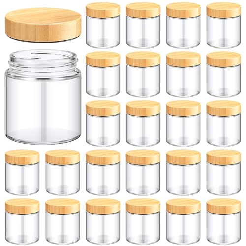 Norme 24 Pcs 8 oz Glass Jars with Lids Empty Small Glass Containers and Inner Liners Reusable Cosmetic Jars Round Airtight Bottles with Plastic Woodgrain Lids for Travel