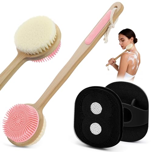 Pink & Black Silicone Body Back Scrubber Set with Long Handle - 2 Pack