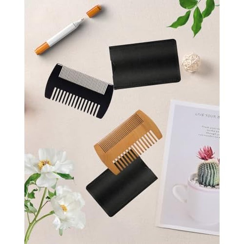 4 Pack Double-Sided Pocket Comb, Wooden Dual Action Beard and Mustache Comb Set with Leather Cases for Beards and Mustaches, Everyday Styling Comb For Detangling Knots, Beard Care & Grooming