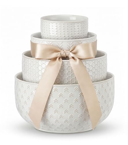 Ceramic Mixing & Serving Bowls Set of 4 - Ivory White, Rustic Design