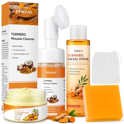 Turmeric Skin Care Set - Soap, Facial Cleanser, Toner & Clay Mask - 4 Packs