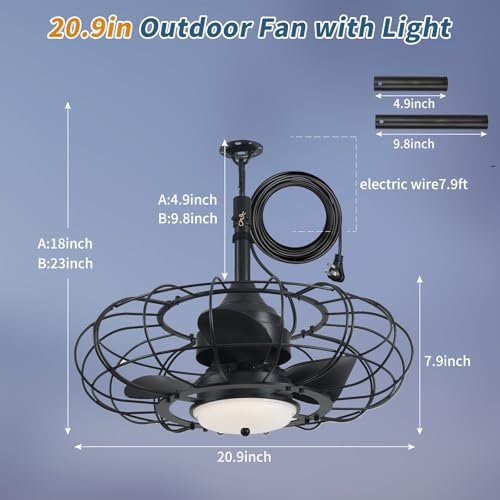 Outdoor Ceiling Fan with Light and Remote - 20-inch Waterproof Gazebo Fan, Dimmable 3-Color, 6 Speed, Black