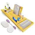 Premium Bathtub Tray with Accessories - Expandable Wooden Bath Tray, Hair Cap, Bath Sponge, Face Mask Brush