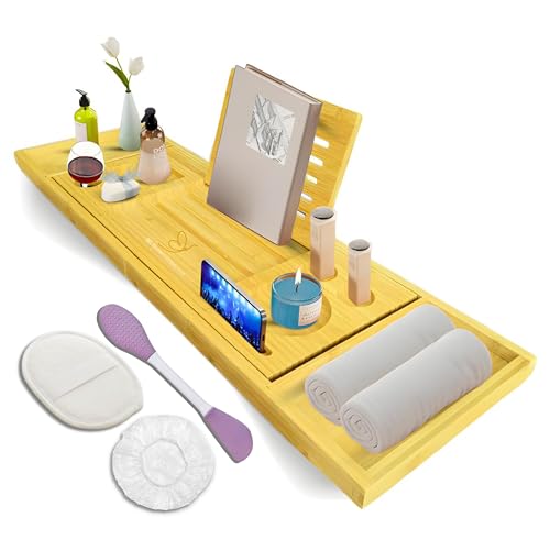 Premium Bathtub Tray with Accessories - Expandable Wooden Bath Tray, Hair Cap, Bath Sponge, Face Mask Brush
