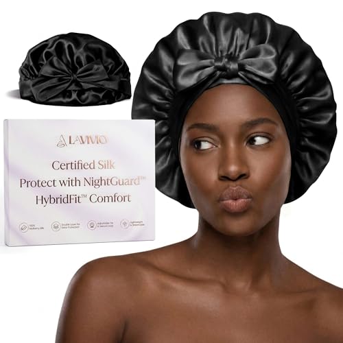 Black Mulberry Silk Bonnet for Hair - Double-Layered 22 Momme Sleep Cap with Adjustable Non-Slip Tie
