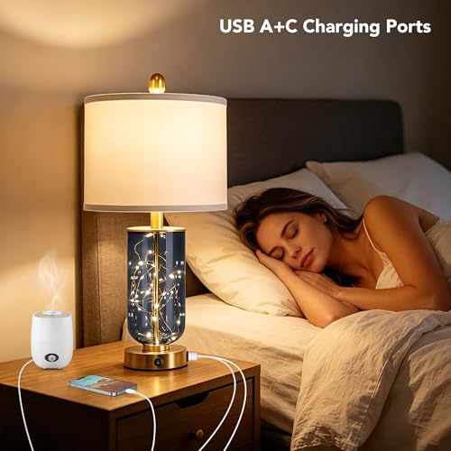 Blue Glass Table Lamps Set of 2 with Night Light and USB Ports - 23 Inch Modern Living Room Decor