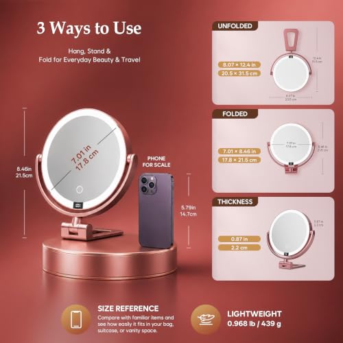 1X/30X Makeup Mirror with Lights - Rose Gold, Dimmable LED Vanity Mirror