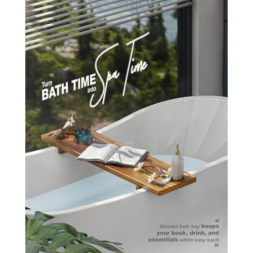 Bathtub Tray, Acacia Bath Tray for Tub, 34.6''x9'' Wooden Bathtub Caddy Tray with Adjustable Legs Fit Various Bathtubs, Anti-Tipping, Sustainable Bath Table with Wine Glass and Tablet Holder