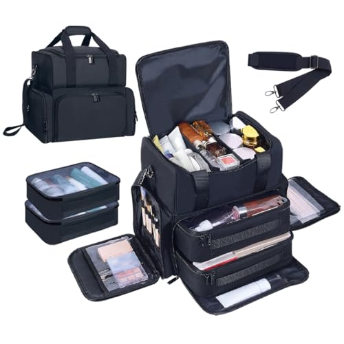 Large Makeup Bag with 2 Removable Case Multifunctional Cosmetic Bag Double Layer Travel Toiletry Organizer,Black