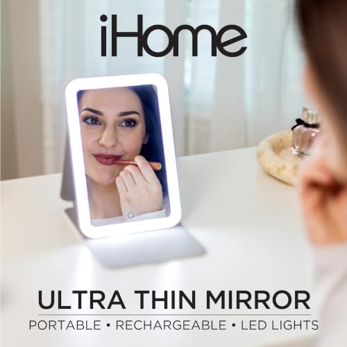 iHome Travel Makeup Mirror with Light, Adjustable Stand, 5x8 Distortion-Free
