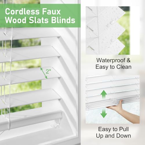 Faux Wood Blinds for Indoor Windows - 58x60 Inch White Cordless Room Darkening Shades with Crown Valance