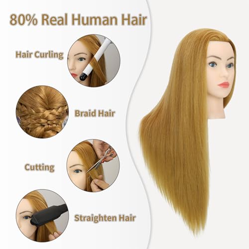28-Inch Mannequin Head with Human Hair, Light Brown YZ27#, Salon Practice, Clamp Stand & Tools